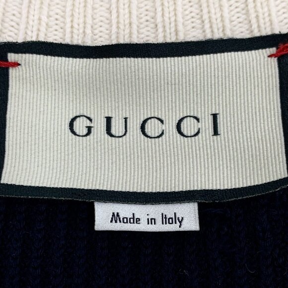 DW0178 Gucci Navy Wool Cardigan With Ivory Trim Red "Loved" Back Detail - Picture 6 of 8